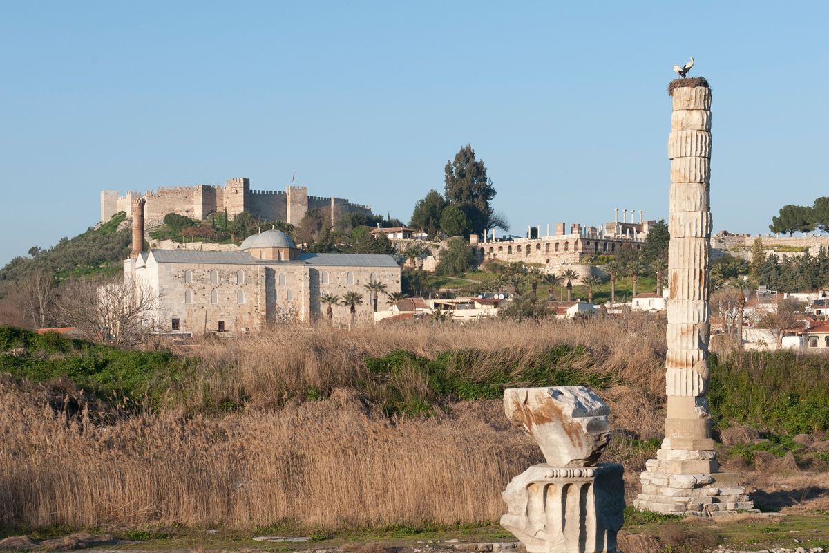 La única columna del Templo de Artemisa, con una cigüeña en su nido en lo alto, entre juncos; al fondo la Mezquita de Isa Bey y la fortaleza de Ayasuluk en Selçuk