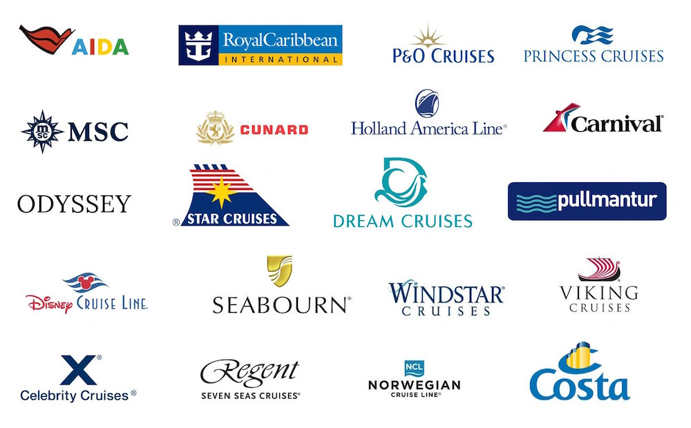 Logotipos de las compañías de crucero cuyos pasajeros atendemos en Kuşadası: Royal Caribbean, MSC, Costa, Princess, Carnival, Norwegian y otras