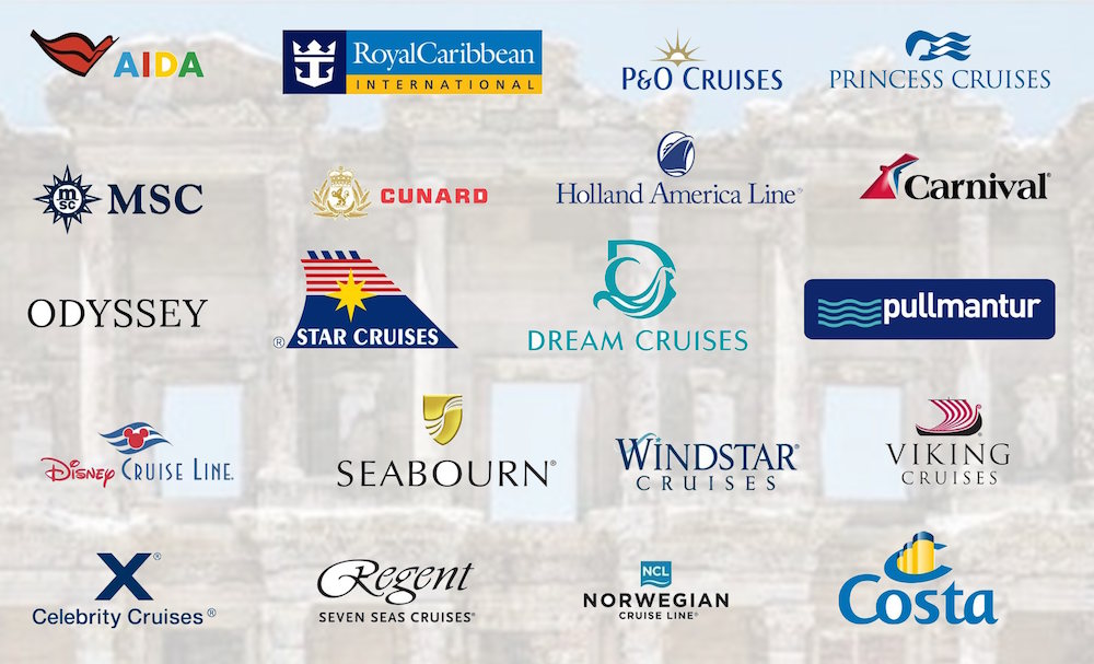 Logotipos de las compañías de crucero cuyos pasajeros atendemos en Kuşadası: Royal Caribbean, MSC, Costa, Princess, Carnival, Norwegian y otras