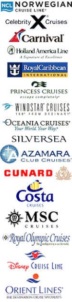 Logotipos de las navieras cuyos pasajeros atendemos en Kuşadası: Norwegian, Celebrity, Carnival, Royal Caribbean, Princess, Cunard, Costa, MSC, Disney y otras