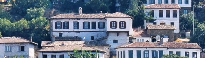 Casas tradicionales de Şirince entre viñedos en la ladera de la montaña